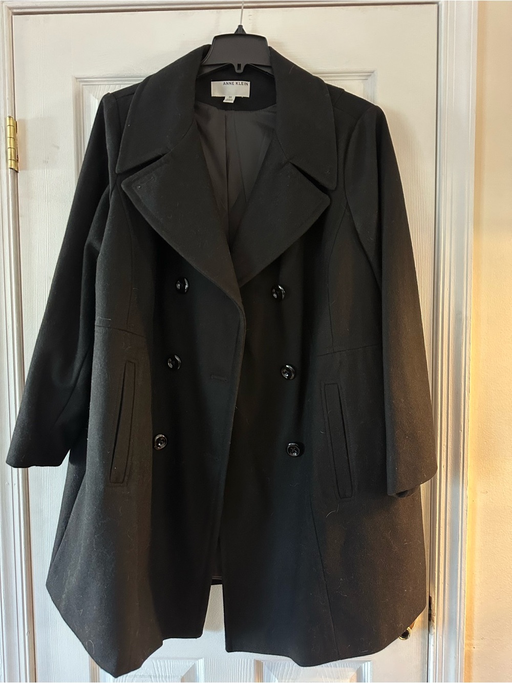 NWOT Anne Klein Black Double-Breasted Pea Coat with Wide Lapel